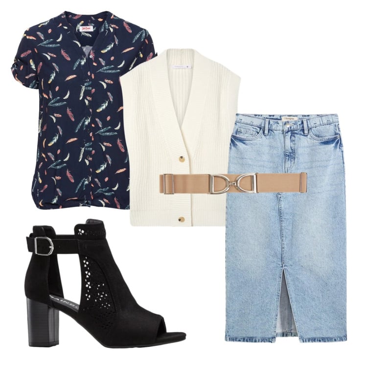 Outfit donna - Total look #2384703. Stile Casual per Tutti i giorni. Abbinamento con sandali col tacco, camicie a manica corta, gonne longuette, cinture, gilet.