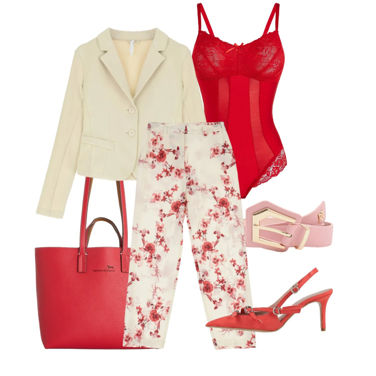 Outfit donna - Contrasto vivace. Stile Casual chic per Cerimonia. Abbinamento con décolleté, body, blazer, pantaloni, cinture, shopping bag.