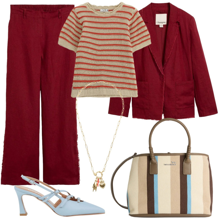 Outfit donna - Raffinatezza e comfort. Stile Chic per Tutti i giorni. Abbinamento con décolleté, pantaloni, blazer, t-shirt, shopping bag, ciondoli.