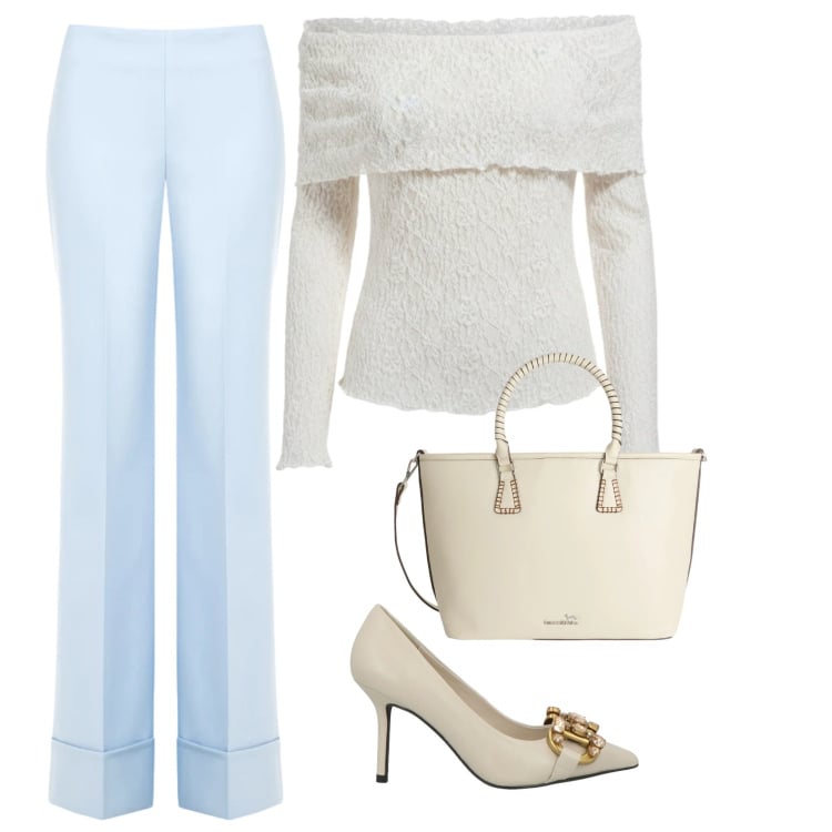 Outfit donna - Aperitivo con classe. Stile Casual chic per Serata fuori. Abbinamento con décolleté, shopping bag, pantaloni a palazzo, bluse.