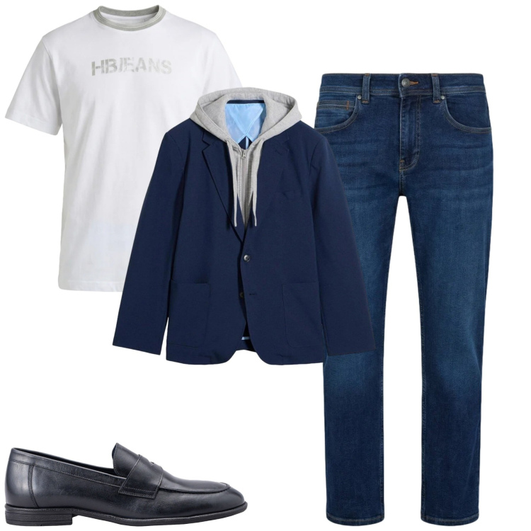 Outfit uomo - Rainy days. Stile Urban per Tutti i giorni. Abbinamento con giacche, jeans dritti, t-shirt, scarpe stringate.