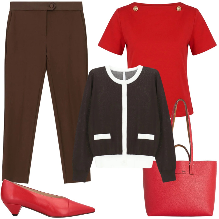 Outfit donna - Total look #2384720. Stile Chic per Serata fuori. Abbinamento con décolleté, cardigans, pantaloni, t-shirt, shopping bag.
