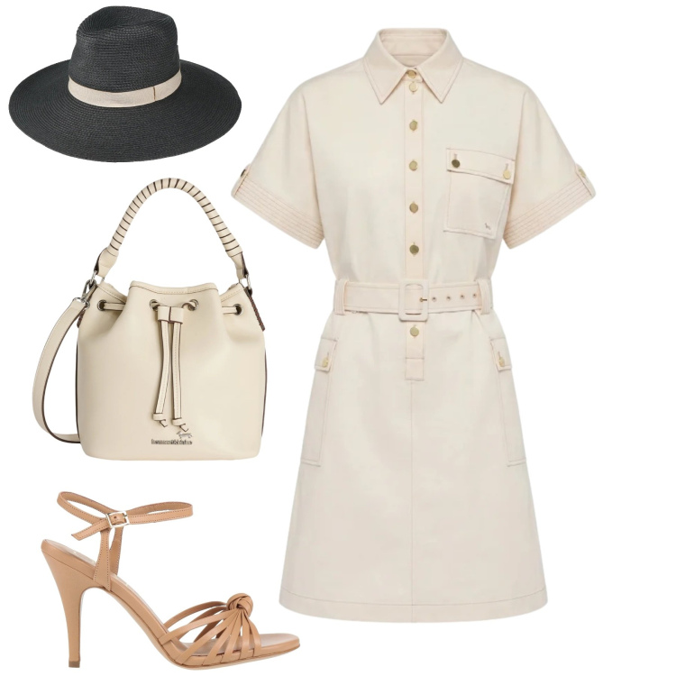 Outfit donna - Chemisier comfy e chic. Stile Urban per Tutti i giorni. Abbinamento con sandali in pelle, cappelli, borse a secchiello, vestiti chemisier.