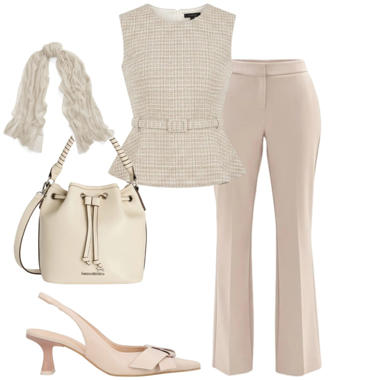 Outfit donna - Elegante e chic. Stile Chic per Tutti i giorni. Abbinamento con décolleté, sciarpe, pantaloni, top, borse a secchiello.