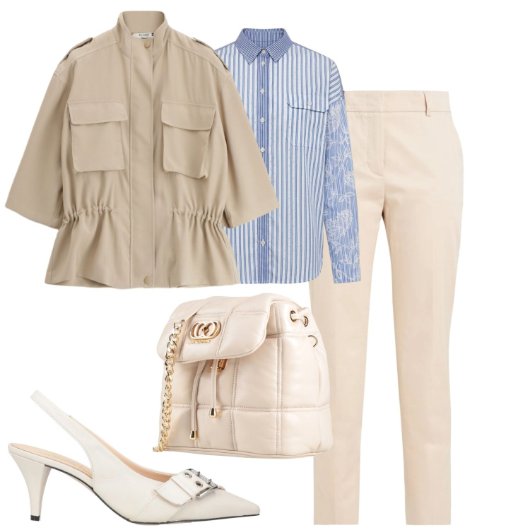 Outfit donna - Total look #2384723. Stile Casual chic per Tutti i giorni. Abbinamento con pantaloni, décolleté, valigie, parka, camicie.