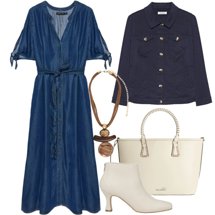 Outfit donna - Un abito per aprile - Focus Donna Curvy. Stile Casual chic per Tutti i giorni. Abbinamento con stivaletti, vestiti chemisier, blazer, ciondoli, shopping bag.