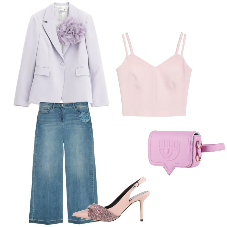 Outfit donna - Profumo di glicine. Stile Casual chic per Serata fuori. Abbinamento con marsupi, décolleté, jeans, blazer, top.