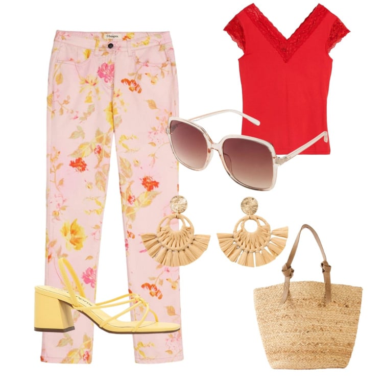Outfit donna - A touch of red. Stile Romantica per Tutti i giorni. Abbinamento con sandali col tacco, occhiali da sole, shopping bag, canottiere, pantaloni, orecchini.