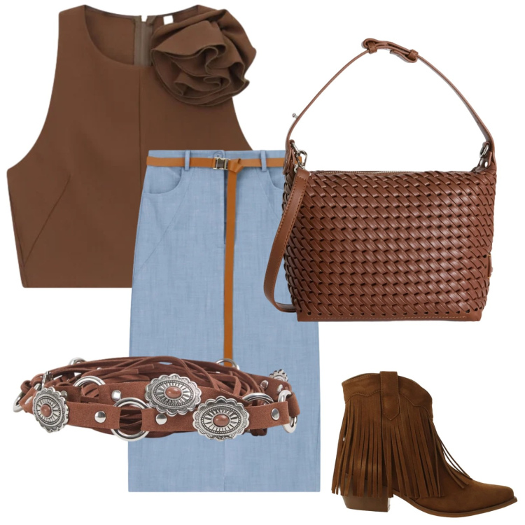 Outfit donna - At the market. Stile Casual chic per Tutti i giorni. Abbinamento con cinture, top, gonne longuette, stivaletti texani, borse a spalla.