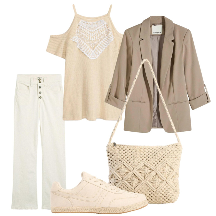 Outfit donna - Primavera con bonprix. Stile Casual chic per Tutti i giorni. Abbinamento con blazer, top, jeans dritti, borse a tracolla, sneakers.