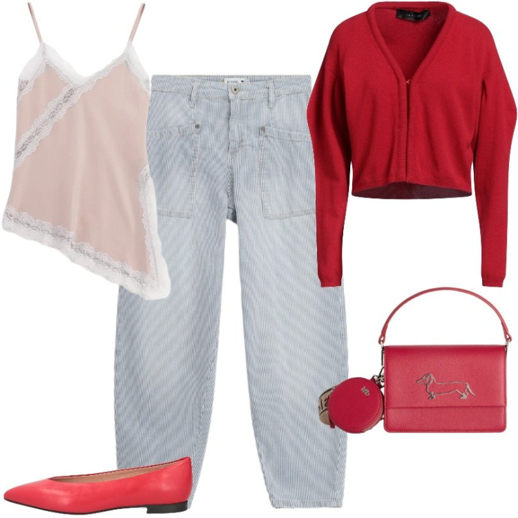 Outfit donna - Abbinare il rosso in primavera. Stile Trendy per Tutti i giorni. Abbinamento con cardigans, ballerine, canottiere, jeans, borse a tracolla.