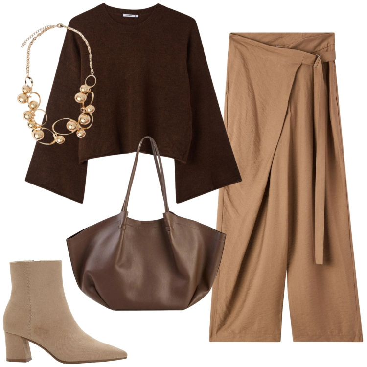 Outfit donna - Total look #2384747. Stile Trendy per Ufficio. Abbinamento con stivaletti, shopping bag, pantaloni, maglieria, collane.