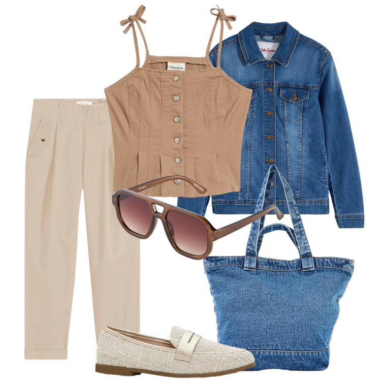 Outfit donna - Cool spring with bonprix. Stile Casual per Tutti i giorni. Abbinamento con pantaloni, blazer, mocassini, top, occhiali da sole, shopping bag.