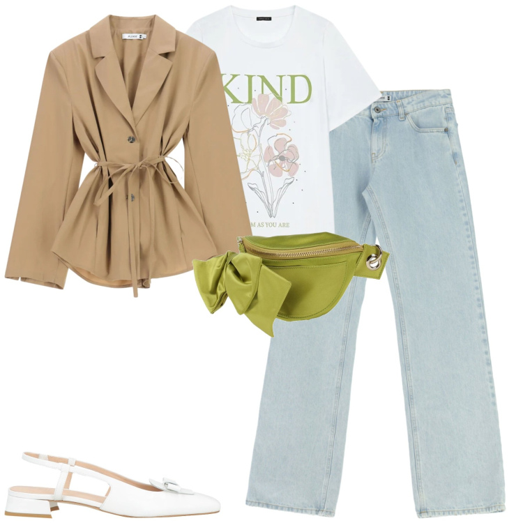 Outfit donna - Total look #2384749. Stile Casual chic per Tutti i giorni. Abbinamento con marsupi, ballerine, t-shirt, jeans dritti, blazer.