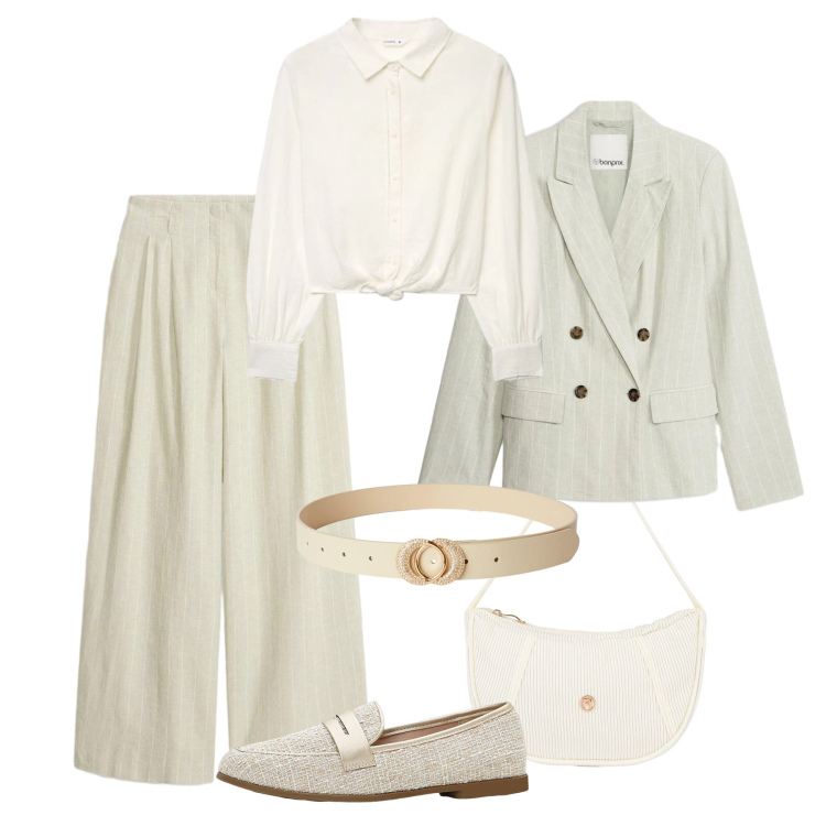 Outfit donna - Completo in misto lino. Stile Glamour per Tutti i giorni. Abbinamento con blazer, mocassini, pantaloni, camicie, cinture, borse a mano.