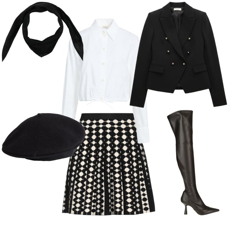 Outfit donna - Serata chic. Stile Chic per Serata fuori. Abbinamento con stivali sopra il ginocchio, sciarpe, camicie, cappelli e berretti, minigonne, blazer.