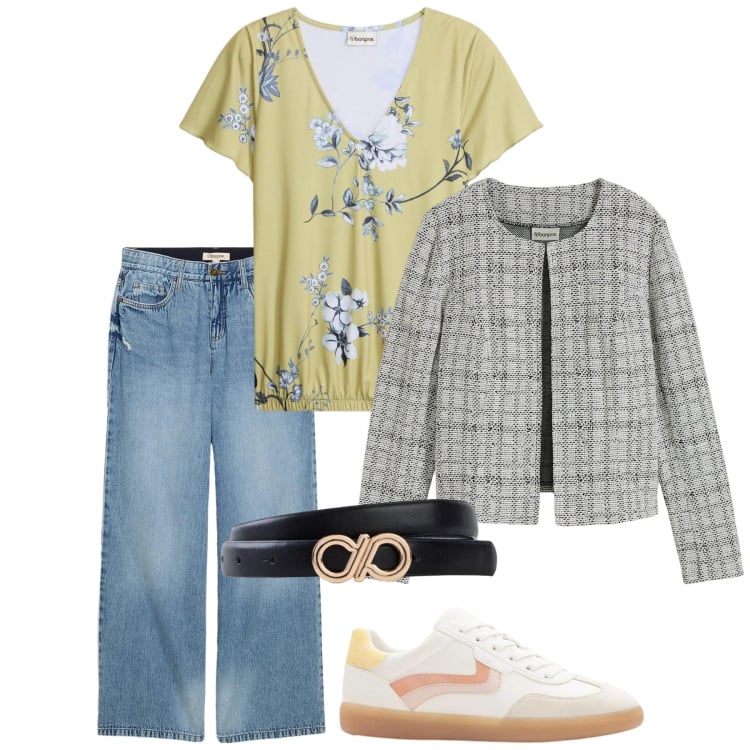 Outfit donna - Total look #2384756. Stile Basic per Tutti i giorni. Abbinamento con cardigans, t-shirt, jeans, sneakers, cinture.