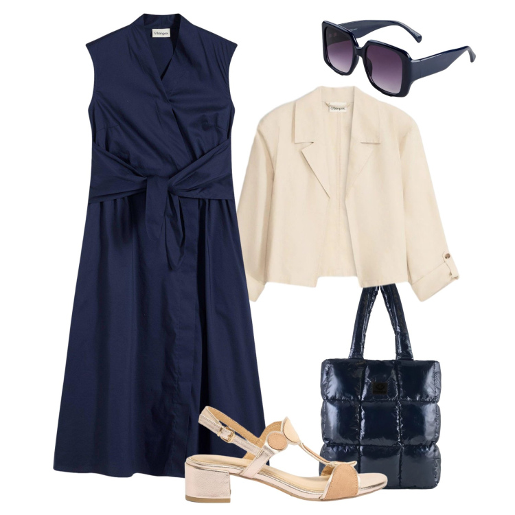 Outfit donna - Un abito per l’ufficio. Stile Glamour per Ufficio. Abbinamento con vestiti, occhiali da sole, sandali col tacco, blazer, shopping bag.