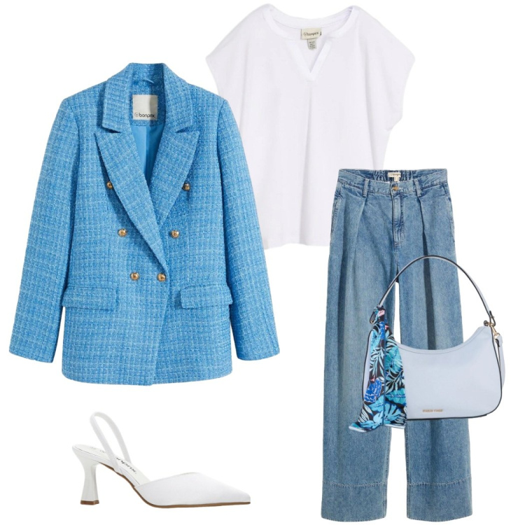 Outfit donna - Cool spring Bonprix. Stile Casual chic per Serata fuori. Abbinamento con blazer, bluse, borse a mano, jeans, décolleté.