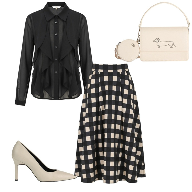 Outfit donna - Beige e nero. Stile Bon Ton per Cerimonia. Abbinamento con décolleté, camicie, gonne longuette, borse a tracolla.