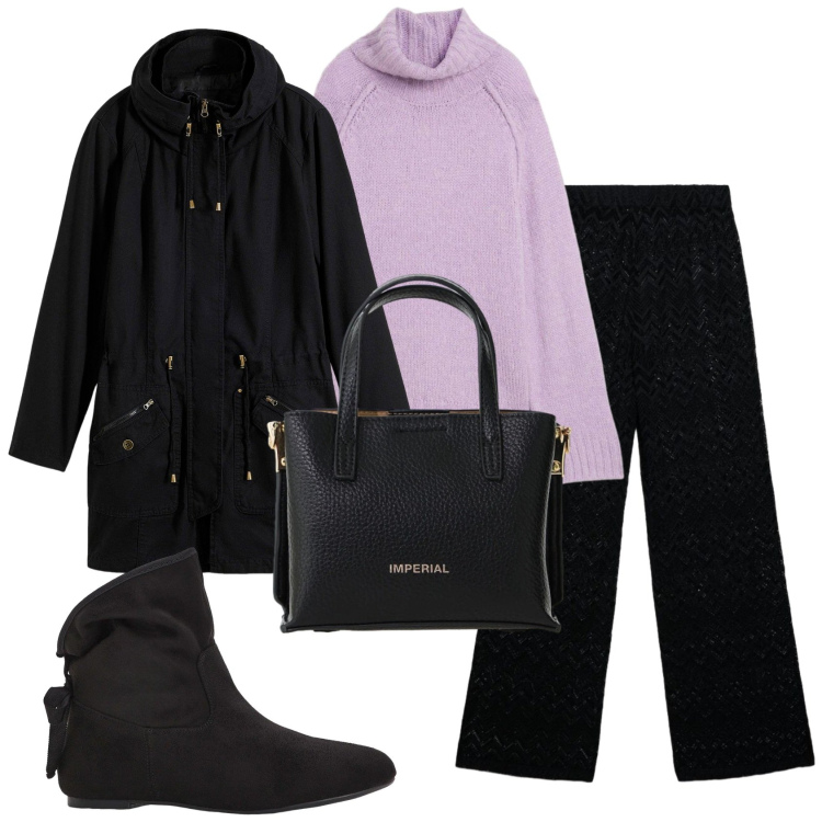 Outfit donna - Total look #2384768. Stile Basic per Ufficio. Abbinamento con parka, stivaletti, maglieria, pantaloni, borse a tracolla.