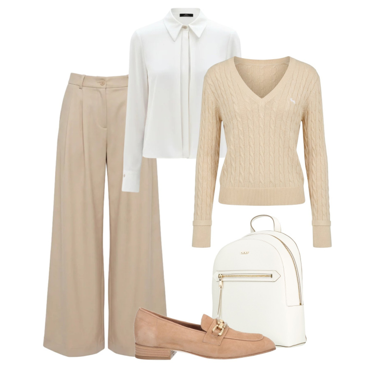 Outfit donna - Minimalista con stile. Stile Minimal per Tutti i giorni. Abbinamento con mocassini, zaini, pullovers, pantaloni, camicie.