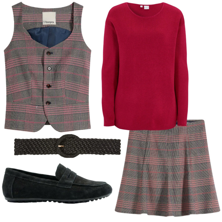 Outfit donna - Total look #2384772. Stile Bon Ton per Tutti i giorni. Abbinamento con maglieria, minigonne, gilet, mocassini, cinture.