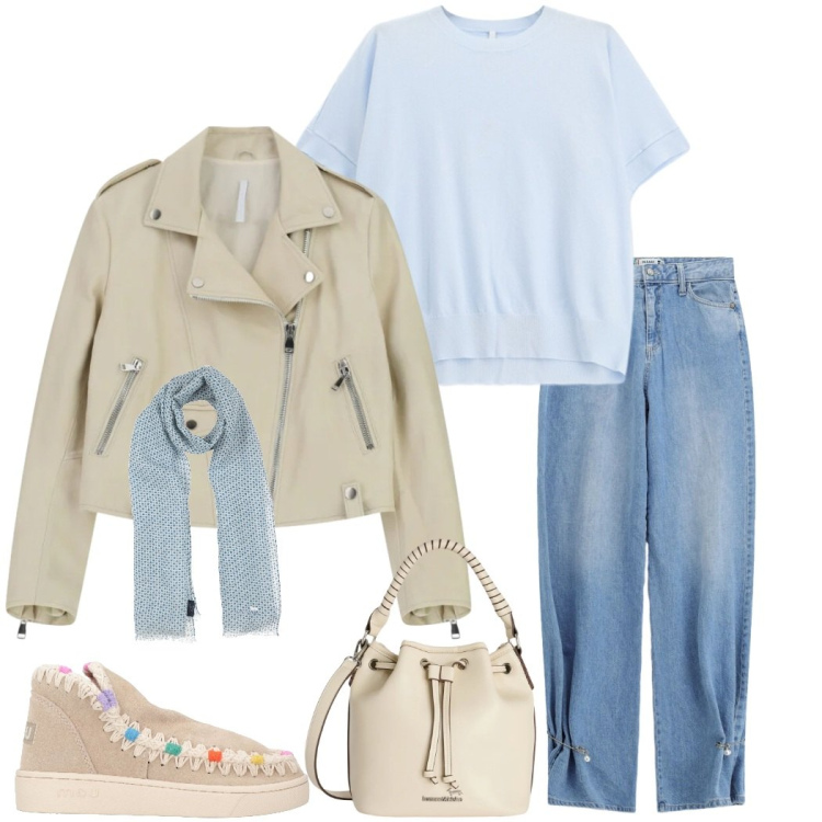 Outfit donna - Weekend fuori città. Stile Casual chic per Tutti i giorni. Abbinamento con stivaletti, sciarpe, t-shirt, giacche, jeans, borse a secchiello.