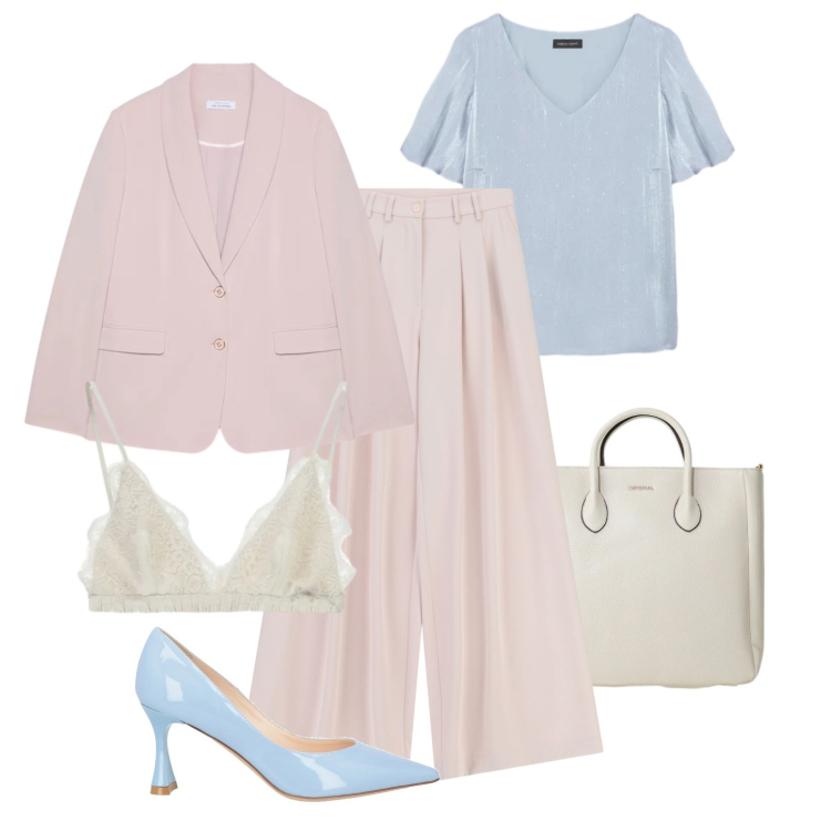 Outfit donna - Leggerezza elegante. Stile Glamour per Serata fuori. Abbinamento con décolleté, reggiseni, borse a tracolla, blazer, bluse, pantaloni a palazzo.
