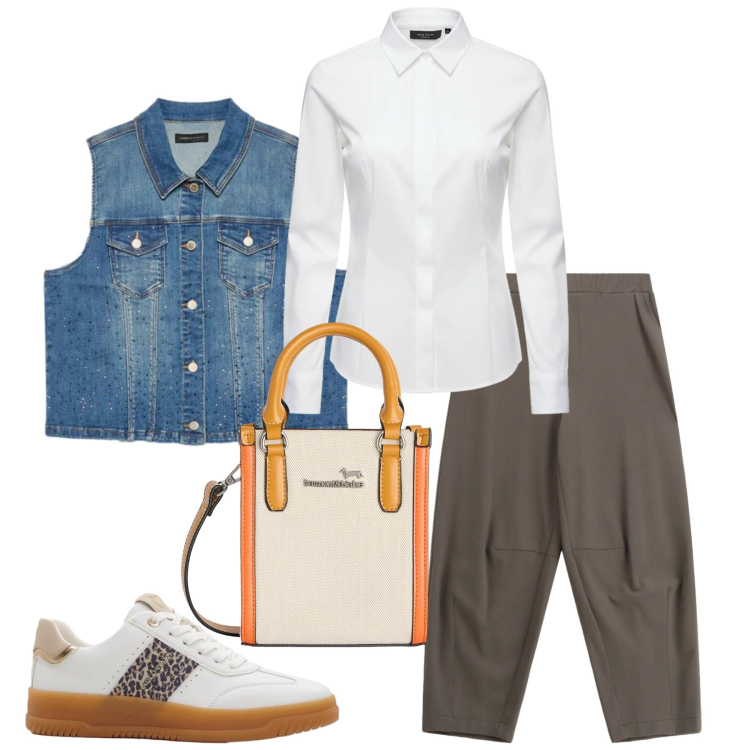 Outfit donna - Total look #2384777. Stile Casual chic per Tutti i giorni. Abbinamento con sneakers, camicie, gilet, pantaloni a palazzo, borse tote.