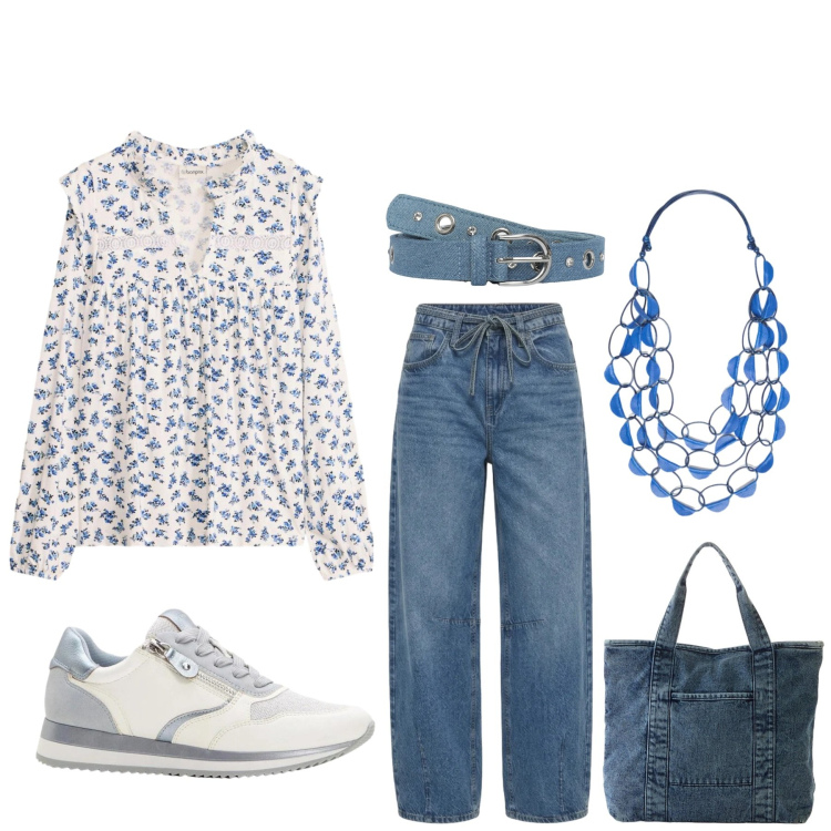 Outfit donna - Total look #2384780. Stile Basic per Tutti i giorni. Abbinamento con bluse, sneakers, shopping bag, jeans, cinture, collane.