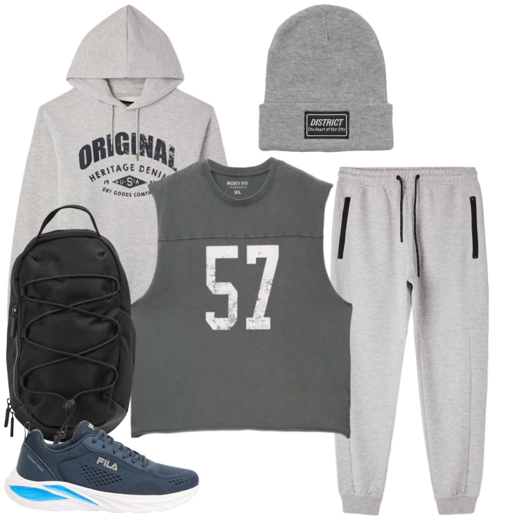 Outfit uomo - Look Sportivo e Casual. Stile Casual per Tutti i giorni. Abbinamento con sneakers, berretti, felpe con cappuccio, pantaloni, borse sportive, t-shirt.