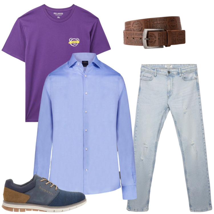 Outfit uomo - Casual Versatile. Stile Urban per Tutti i giorni. Abbinamento con scarpe stringate, cinture, t-shirt, jeans strappati, camicie.