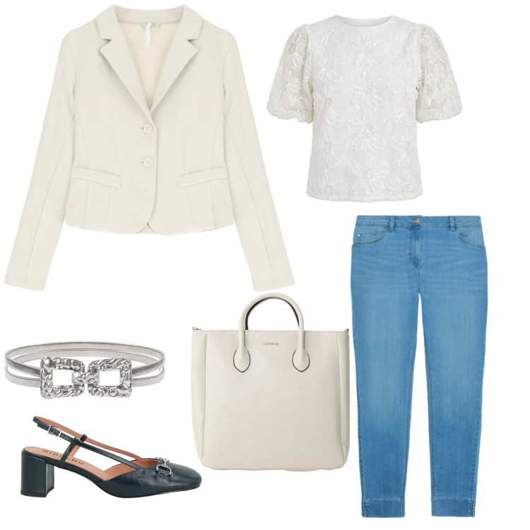 Outfit donna - Essenziale e confortevole. Stile Casual chic per Tutti i giorni. Abbinamento con décolleté, blazer, borse a tracolla, bluse, cinture, jeans skinny.
