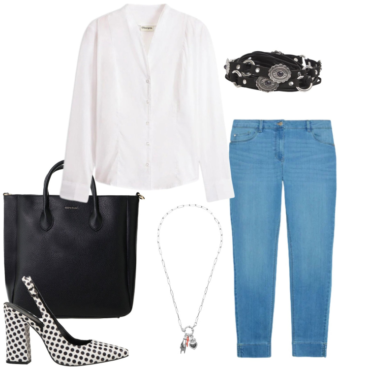 Outfit donna - Minimalismo Bianco e Dettagli Rock. Stile Rock per Tutti i giorni. Abbinamento con décolleté, camicie, cinture, borse a tracolla, jeans skinny, ciondoli.
