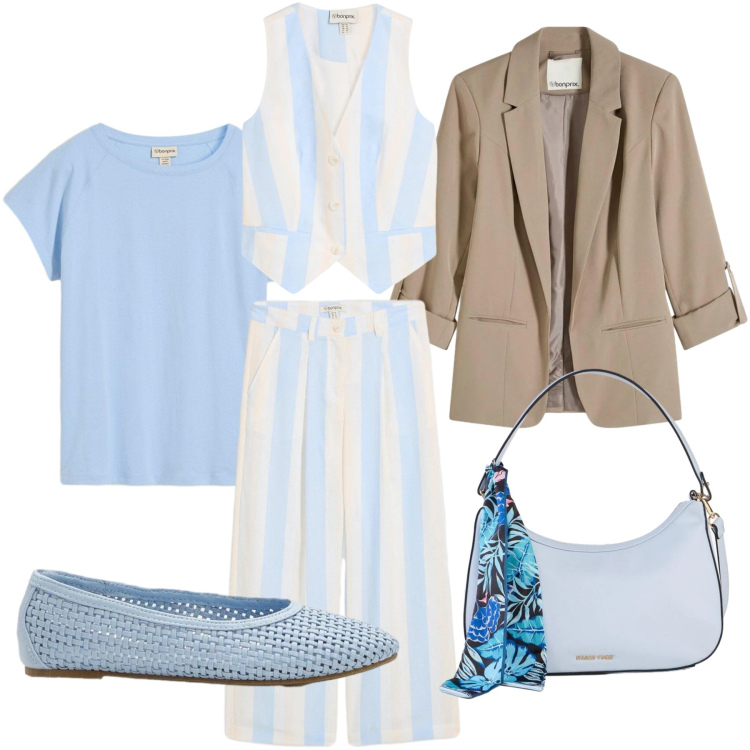 Outfit donna - Il celeste primavera. Stile Sporty chic per Tutti i giorni. Abbinamento con blazer, ballerine, gilet, pantaloni a palazzo, borse a mano, t-shirt.