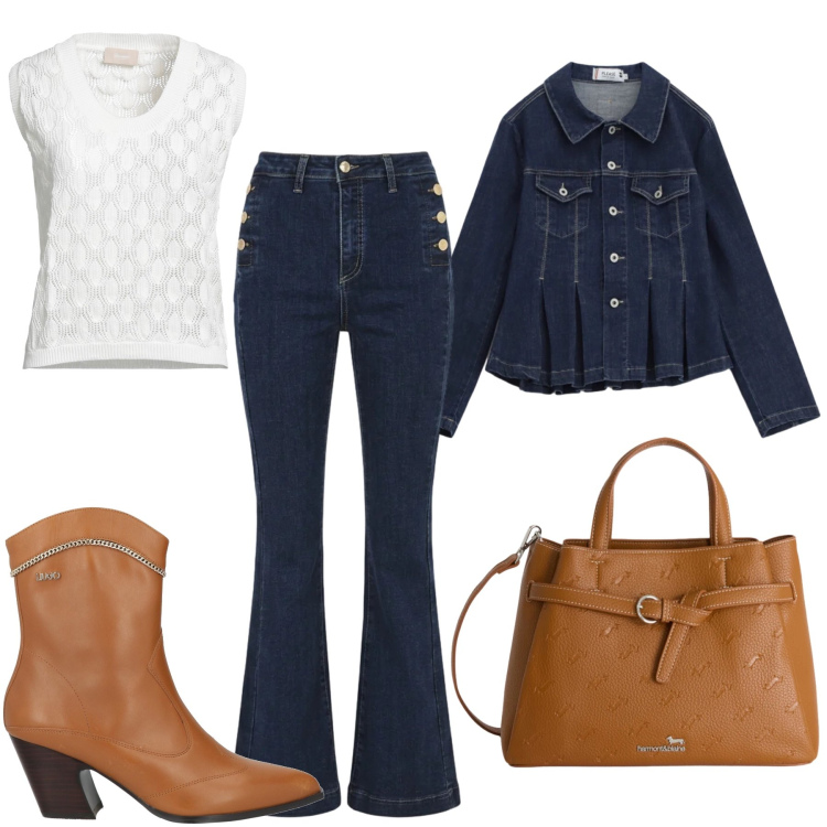Outfit donna - We love Jeans!. Stile Trendy per Cerimonia. Abbinamento con pullovers, stivaletti, jeans a zampa, blazer, borse a mano.