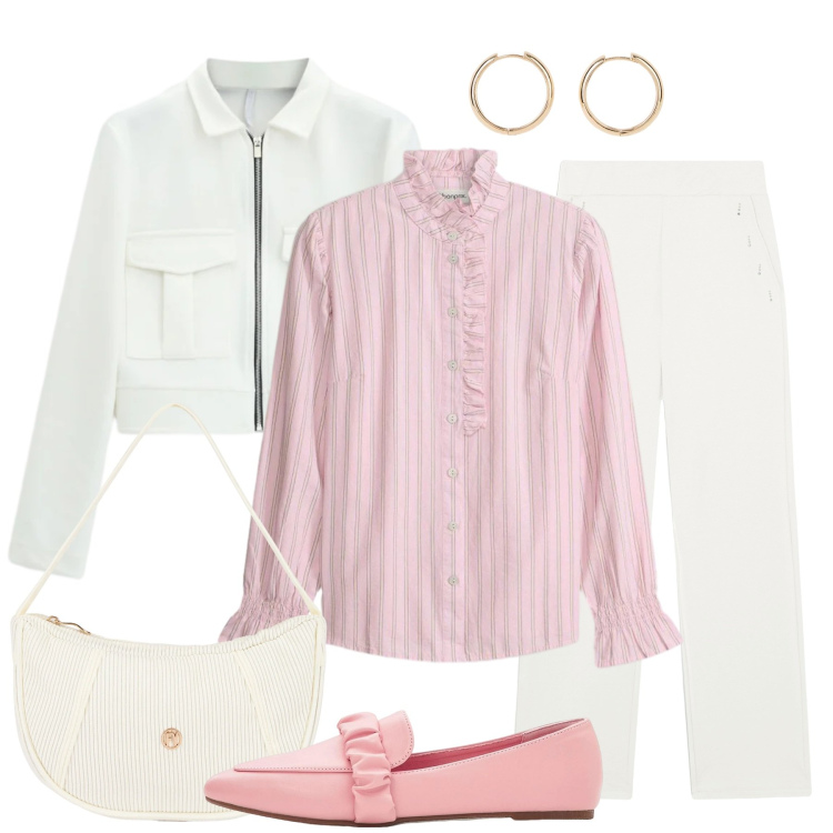 Outfit donna - Weekend fuori. Stile Basic per Tutti i giorni. Abbinamento con camicie, mocassini, orecchini, cappotti, pantaloni, borse a mano.