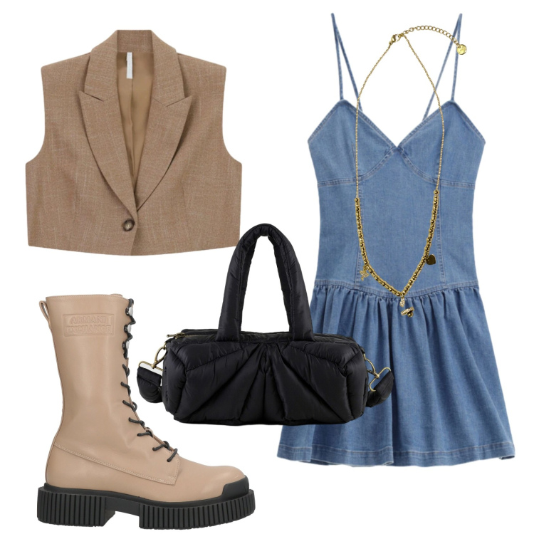 Outfit donna - Total look #2384800. Stile Urban per Serata fuori. Abbinamento con stivaletti, vestiti corti, gilet, ciondoli, borse a mano.