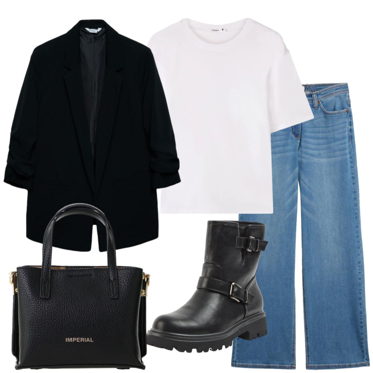 Outfit donna - Anni 90. Stile Vintage retrò per Ufficio. Abbinamento con jeans, stivaletti, t-shirt, blazer, borse a tracolla.