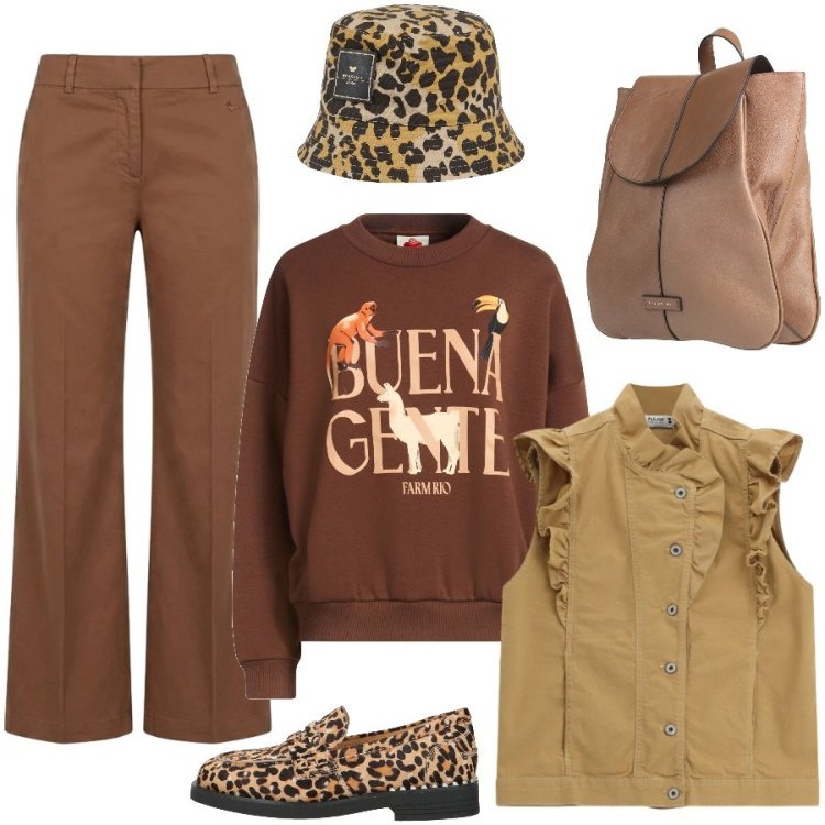 Outfit donna - Weekend. Stile Casual chic per Tutti i giorni. Abbinamento con cappelli, mocassini, zaini, felpe, gilet, pantaloni.
