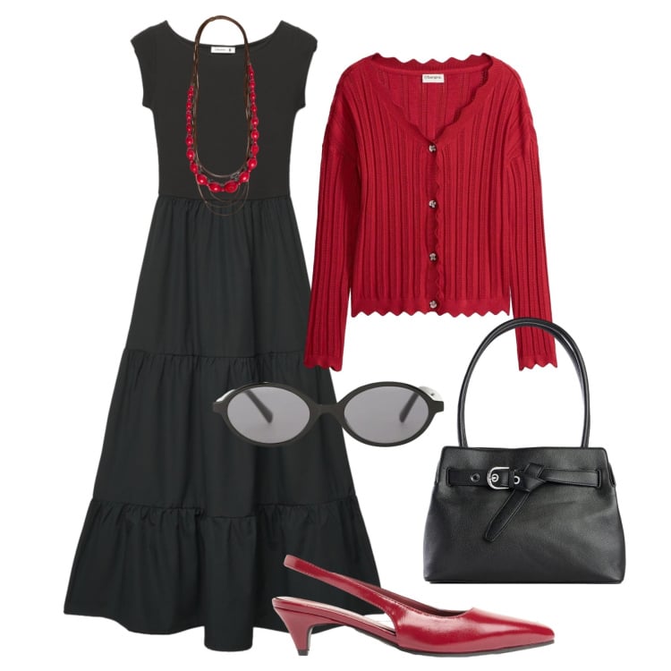 Outfit donna - L’abito lungo a balze. Stile Vintage retrò per Tutti i giorni. Abbinamento con cardigans, décolleté, borse a mano, vestiti lunghi, collane, occhiali da sole.