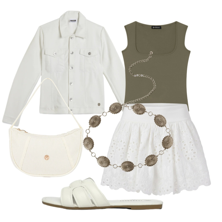 Outfit donna - Total look #2384804. Stile Romantica per Tutti i giorni. Abbinamento con minigonne, ciabatte, cinture, top, giacche, borse a mano.