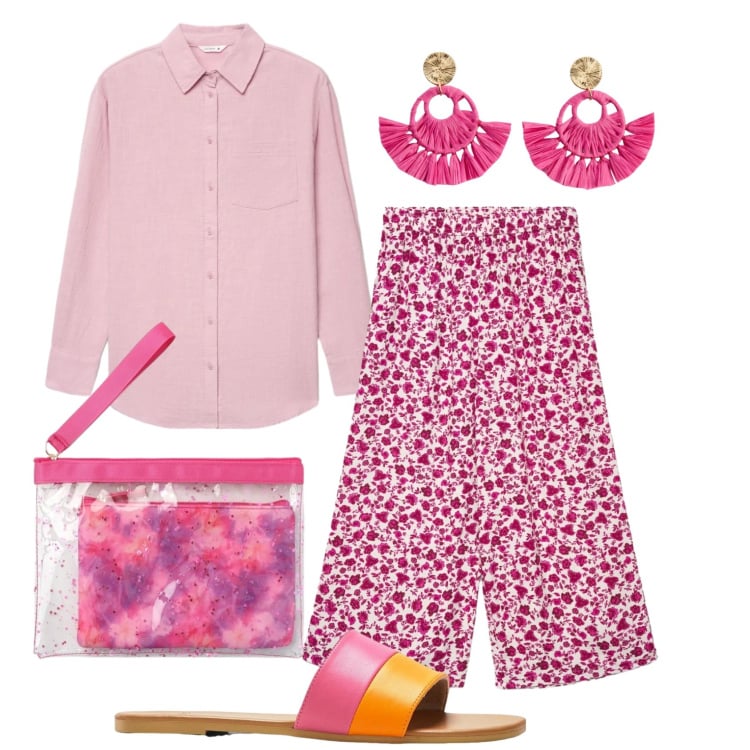 Outfit donna - Total look #2384805. Stile Casual chic per Ufficio. Abbinamento con ciabatte, orecchini, pantaloni a palazzo, camicie, pochette.