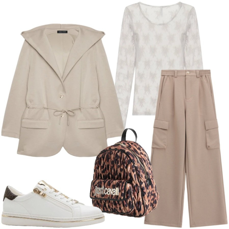 Outfit donna - Sporty chic primaverile. Stile Sporty chic per Tutti i giorni. Abbinamento con zaini, sneakers, felpe con cappuccio, pantaloni cargo, top.