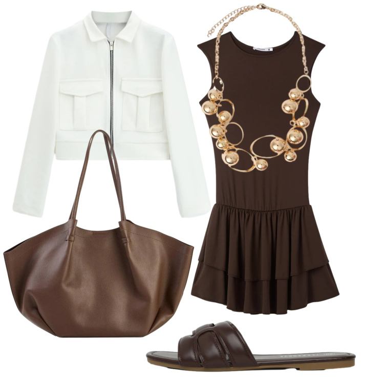 Outfit donna - Total look #2384807. Stile Minimal per Serata fuori. Abbinamento con shopping bag, vestiti corti, ciabatte, collane, cappotti.