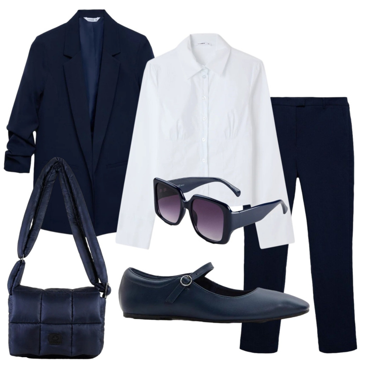 Outfit donna - Total look #2384808. Stile Mannish per Ufficio. Abbinamento con ballerine, occhiali da sole, camicie, blazer, pantaloni skinny, borse a spalla.