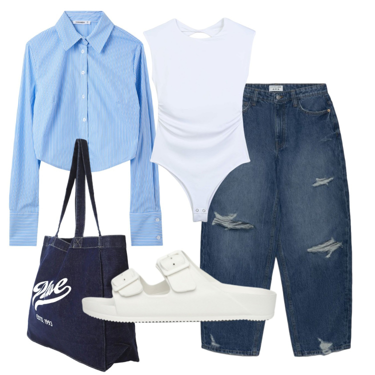 Outfit donna - Total look #2384810. Stile Trendy per Tutti i giorni. Abbinamento con top, jeans strappati, ciabatte, camicie, shopping bag.