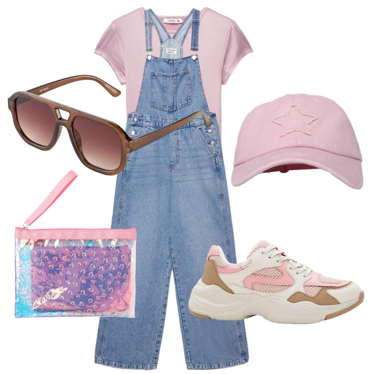 Outfit donna - Total look #2384813. Stile Sporty chic per Tutti i giorni. Abbinamento con sneakers, occhiali da sole, salopette, t-shirt, cappelli con visiera, pochette.