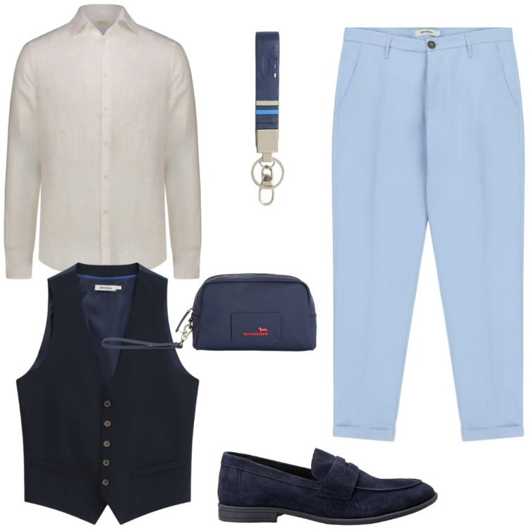 Outfit uomo - #principe.azzurro. Stile Business/Elegante per Cerimonia. Abbinamento con pantaloni, gilet, portachiavi, borse sportive, scarpe stringate, camicie.